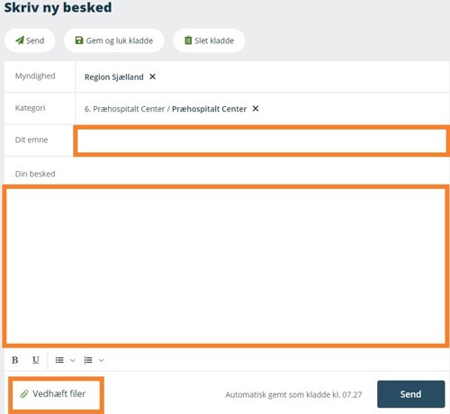 Billede med markering af felterne "Dit emne", "Din besked" og "Vedhæft filer"