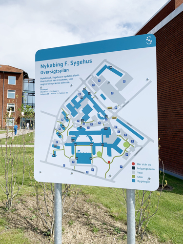 Oversigtskort over Nykøbing F. Sygehus ved stien mellem Indgang 62 og 62B