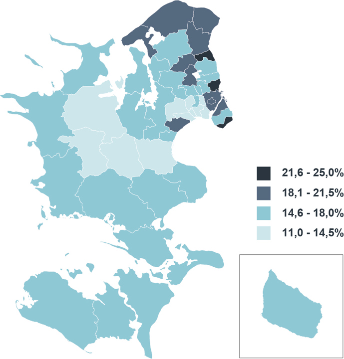 Kort over andel af borgere der drikker mere end 10 genstande pr. uge