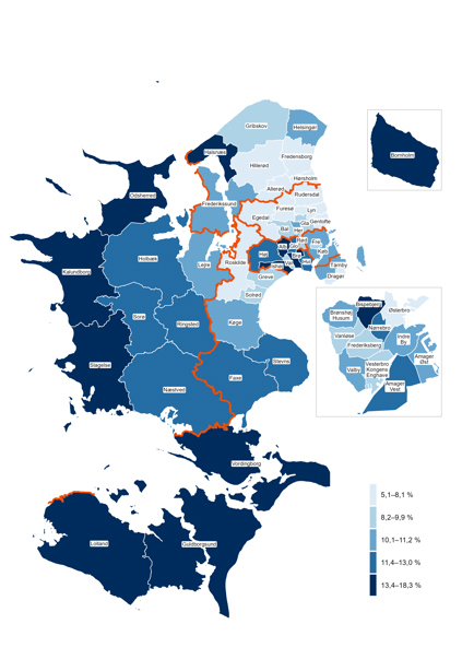 Kort over andelen af borgere, der ryger dagligt i regionens kommuner