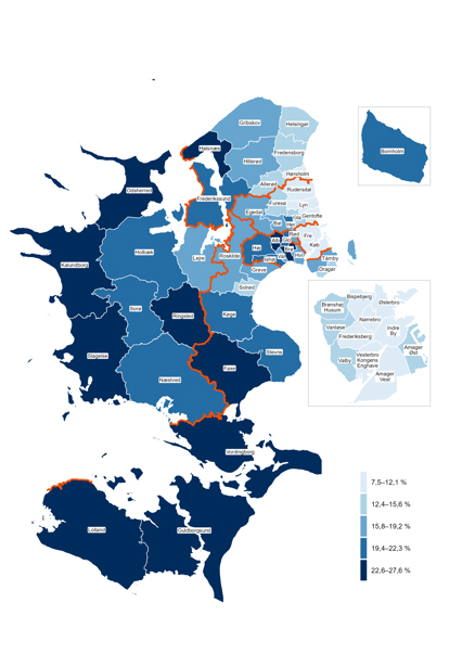Kort over andelen af borgere med svær overvægt i regionens kommuner