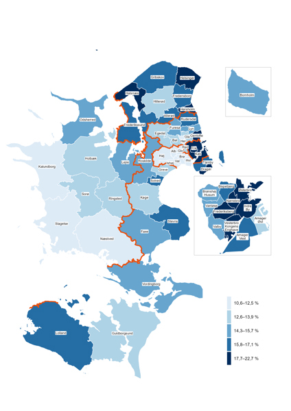 Kort over andelen af borgere, der drikker over 10 genstande om ugen i regionens kommuner