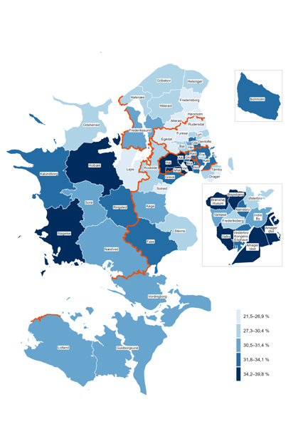 Kort over andelen af borgere med høj score på stress-skala i regionens kommuner