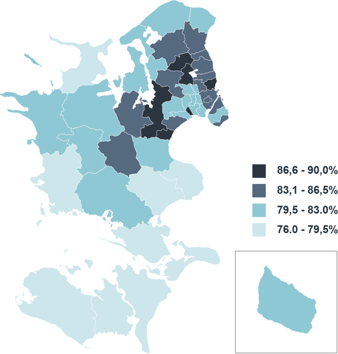Kort over andel af borgere med fremragende, vældig godt eller godt selvvurderet helbred