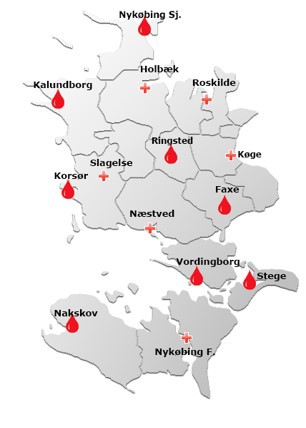 Billedet viser et kort over, hvor du kan få taget blodprøver i Region Sjælland. Du kan under billedet se en alfabetisk oversigt.