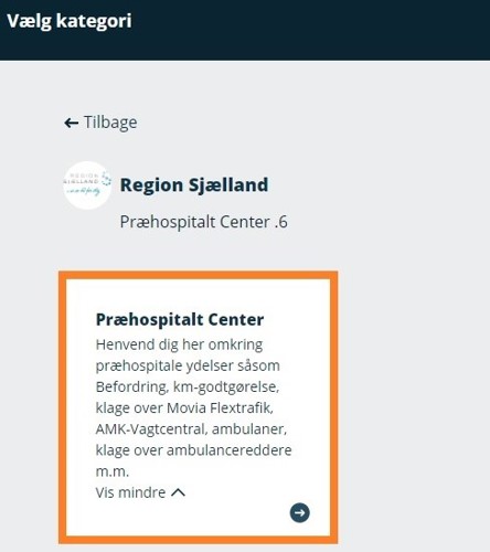 Billede af "Præhospitalt Center" som valgmulighed med uddybende information