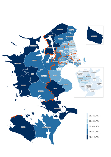 Kort over andelen af borgere med langvarig sygdom i regionens kommuner